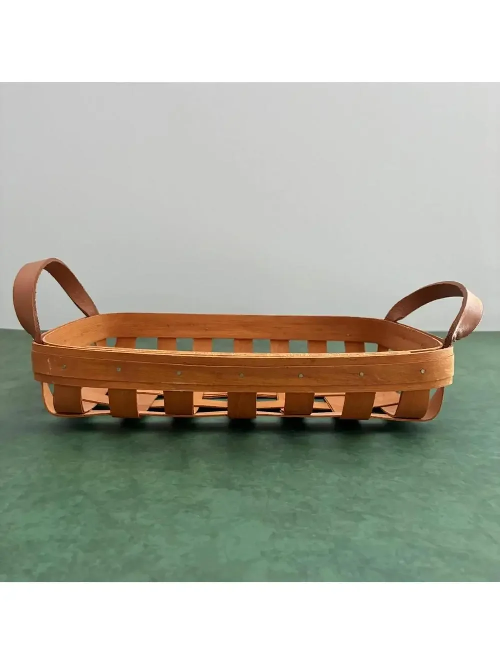 Gerald E Henn Tobacco Basket Tray Rectangular Woven Wood Leather Handles